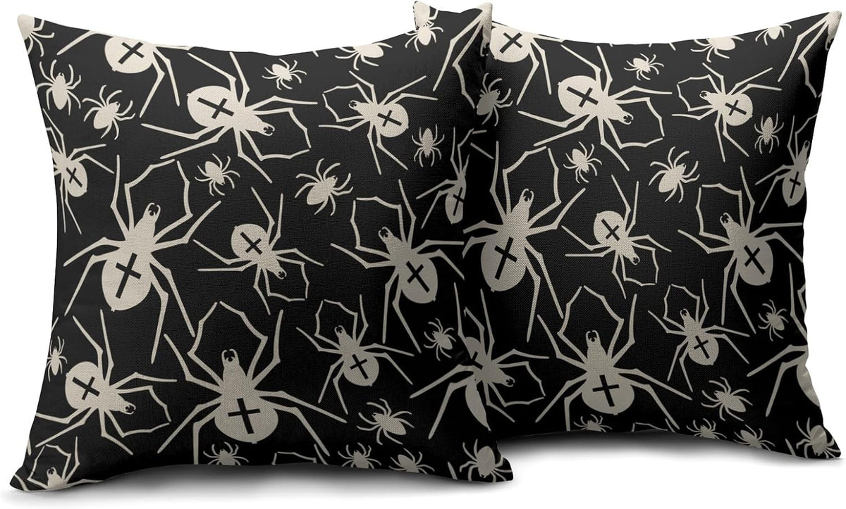 Black Halloween Pillow Covers 18x18 Set of 2 Cream Spider Print Outdoor Decorative Throw Pillows Holiday Scary Themed Farmhouse Pillowcases Linen Cushion Case Decor for Home Sofa Couch Bed
