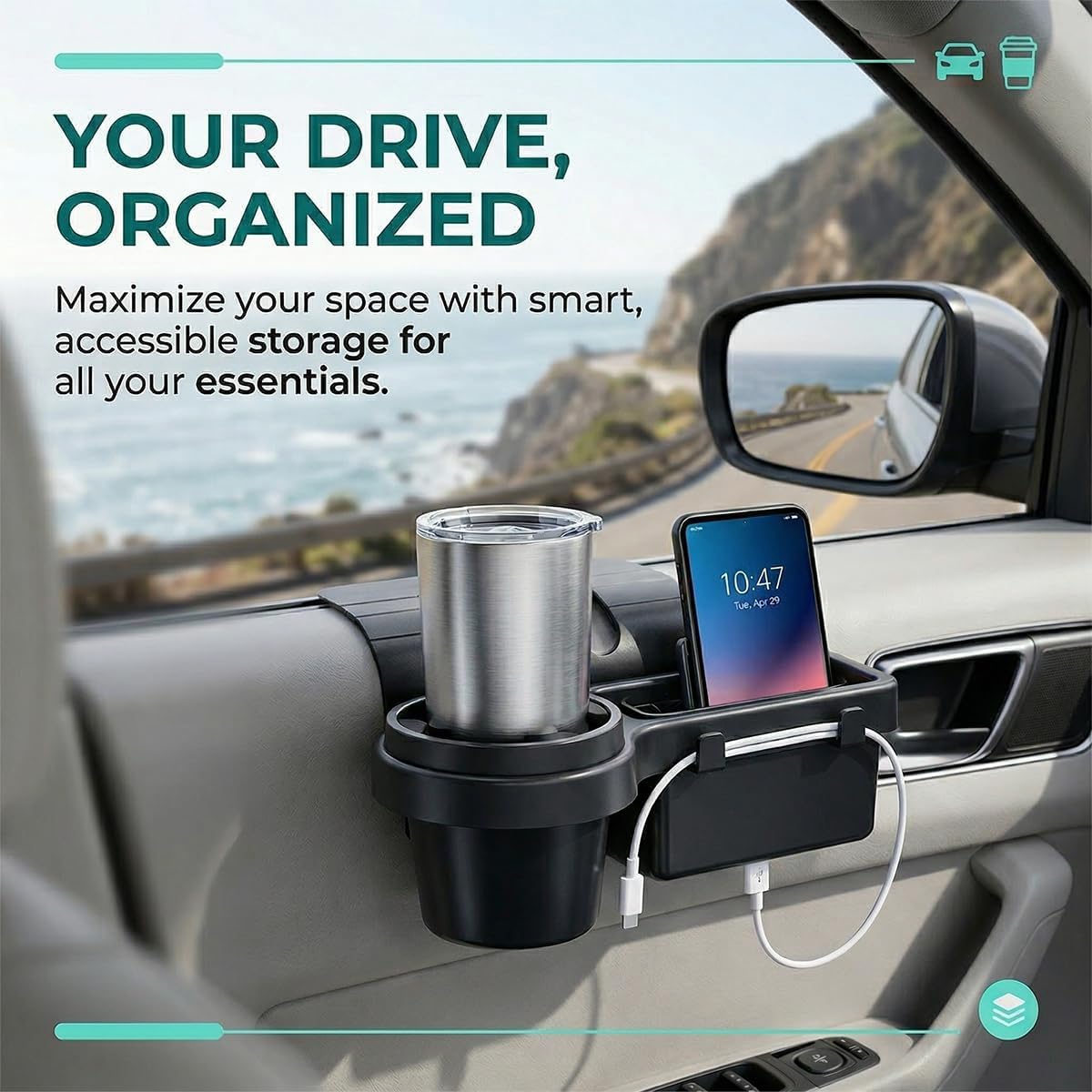 Car Door Window Storage Organizer with Cup Holder