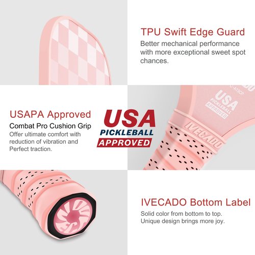 IVECADO Pickleball Paddle Pink Carbon Fiber USAPA Approved Lightweight One Pickle Ball Racket with Cover for Women and Men