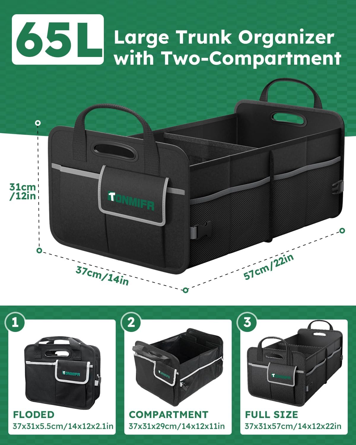 2-Compartment Trunk Organizer & Multi-Compartment Storage Box 600D Waterproof Oxford, with Reflective Strips and 8 Side Mesh Pockets for SUV, Sedan, Minivan- Heavy-Duty Car Organiser(65L)