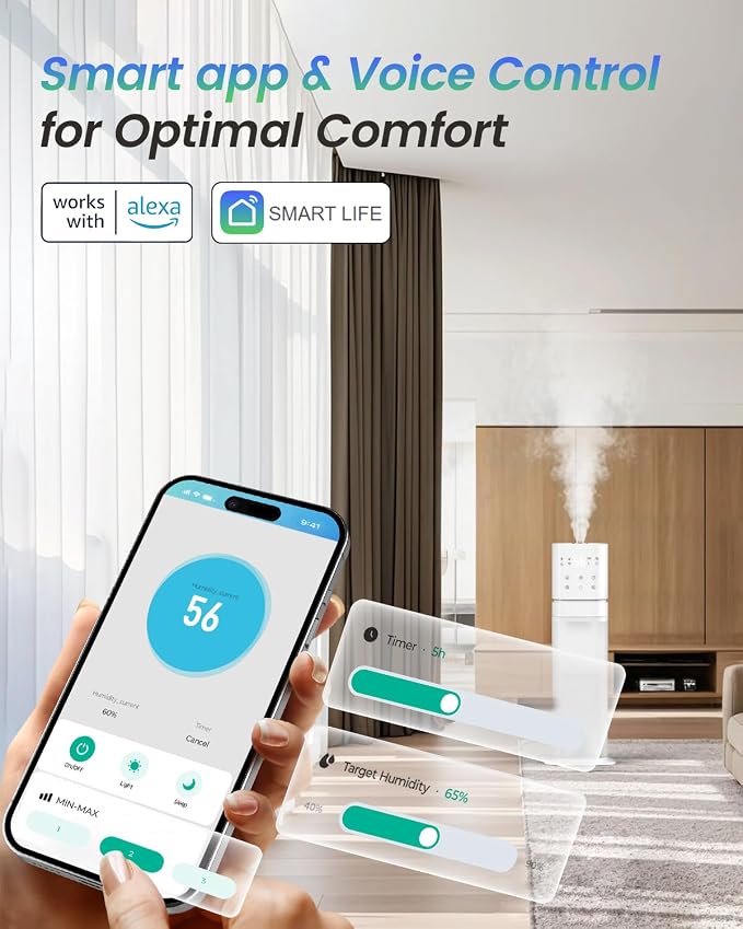 Smart Humidifier Large Room, 2.1Gal/8L Humidifiers for Bedroom with Extended Tube&Night Light, Whole House Cool Mist Humidifiers, WIFI App&Voice Control, School/Office/Warehouse, White