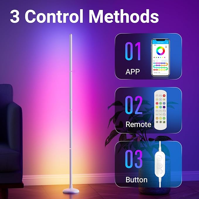 TJOY Smart Floor Lamp for Atmosphere Decoration, RGB Corner Lamp with Music Sync, Crystal Joint Design, APP&Remote Control,Timer, Color Changing Standing Lamp for Room(White,1pack)
