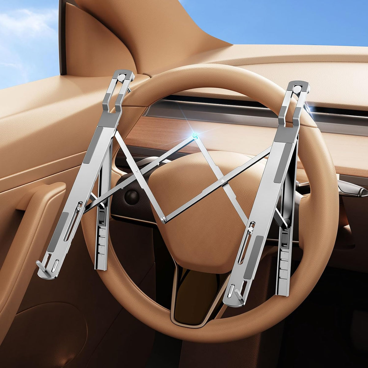 Car Laptop Mount Steering Wheel Tray Holder, Height Adjustable Car Desk for Laptop Computer Tablet, Foldable Portable Lap Laptop Stand for Car Vehicle Workstation Accessories Truck SUV Tesla