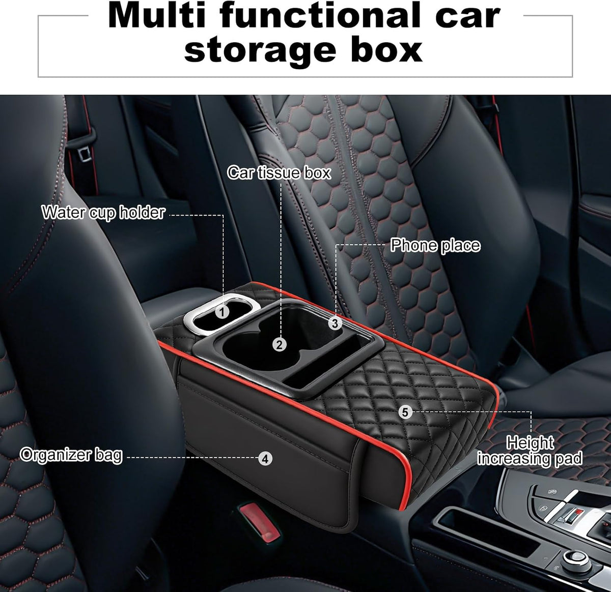 Car Armrest Cushion,5-in-1 Center Console Cover with 2 Storage Bags Cup Holder, Phone Slot for Sedans, Tissue Box Slot, Car Accessories Interior Organizers (Black) (Black-B)