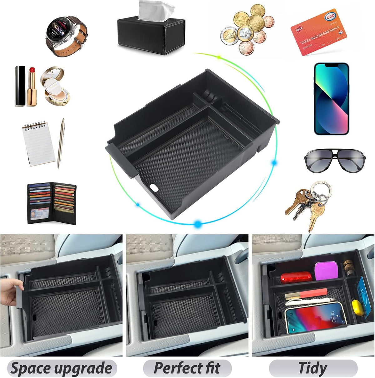 SKTU for 2023 2024 2025 Hyundai Palisade Center Console Organizer 2023 2024 2025 Palisade Center Console Tray 2023 2024 2025 Palisade Accessories Armrest Secondary Storage Box with Coin Holder (Black)