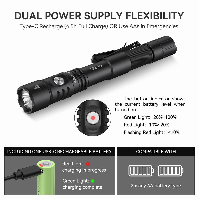 S22Pro EDC Tactical Dual Mode Rechargeable Flashlight, 1200 High Lumen Pen Light with 365nm UV Light, 2AA Dual Power Pocket LED Flashlight with Magnet for Car Repair Camping, Emergency, Outdoor