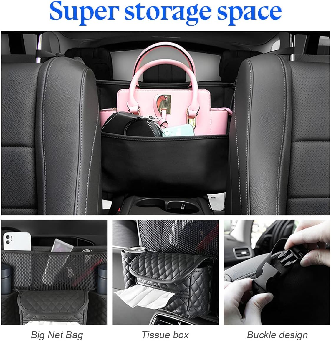XINLIYA Car Handbag Holder Between Seats, PU Leather Multi-Pocket Large Capacity Purse Holder, Auto Net Bag Barrier of Backseat Pet Kids, Car Seat Organizers and Storage for Cargo Tissue Cup（Brown）