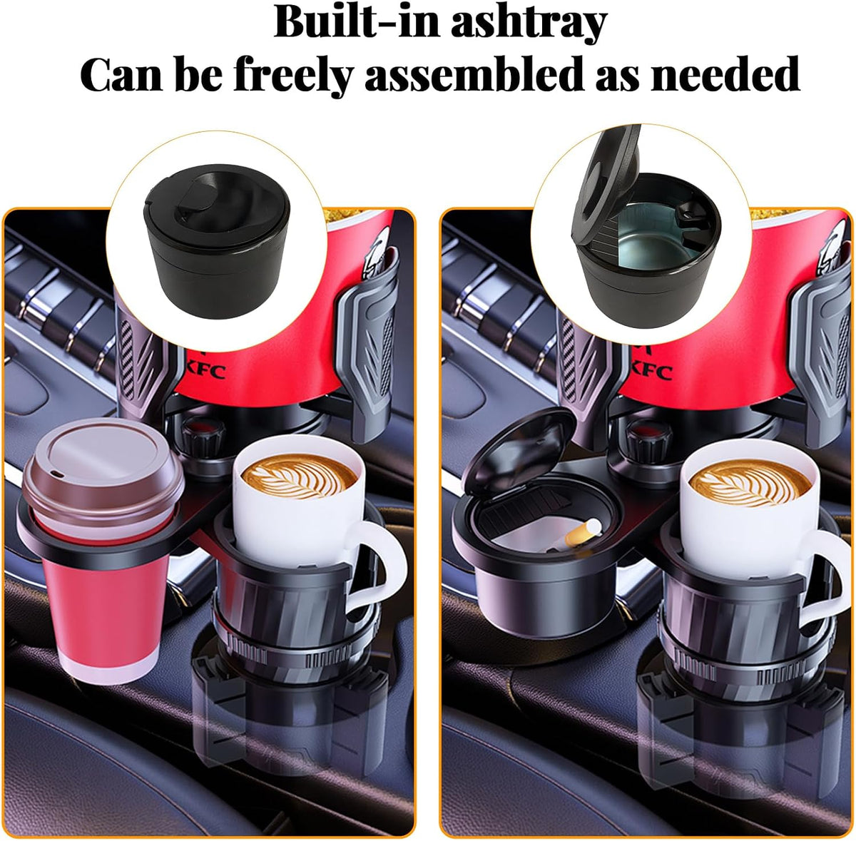 4-in-1 Car Cup Holder with Ash Tray - Adjustable Width, Rotating Base & Lock, Fits 6-10cm Car Slots, Holds Drinks, Fast Food, Bubble Tea (ABS & Zinc Steel),Extra,Expander,2 Cup Carrier car