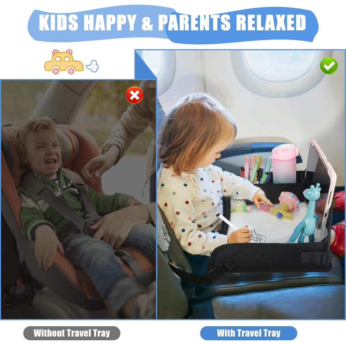 Upgraded Kids Travel Tray for Airplane - Toddler Car Seat Table Tray, Road Trip Essentials for Boys & Girls, Carseat Lap Desk for Kids Road Trip Activities, Black - 2 PCS