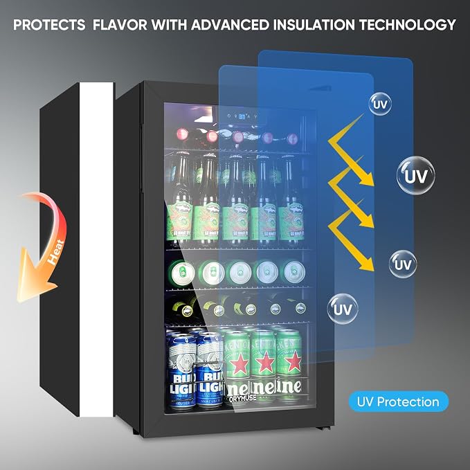 3.2 Cu.Ft Beverage Refrigerator, 130 Can Mini Fridge with Glass Door & Digital Temperature Control, Compressor Cooling Freestanding Cooler for Soda, Beer, Wine, Home, Office & Bar - Black