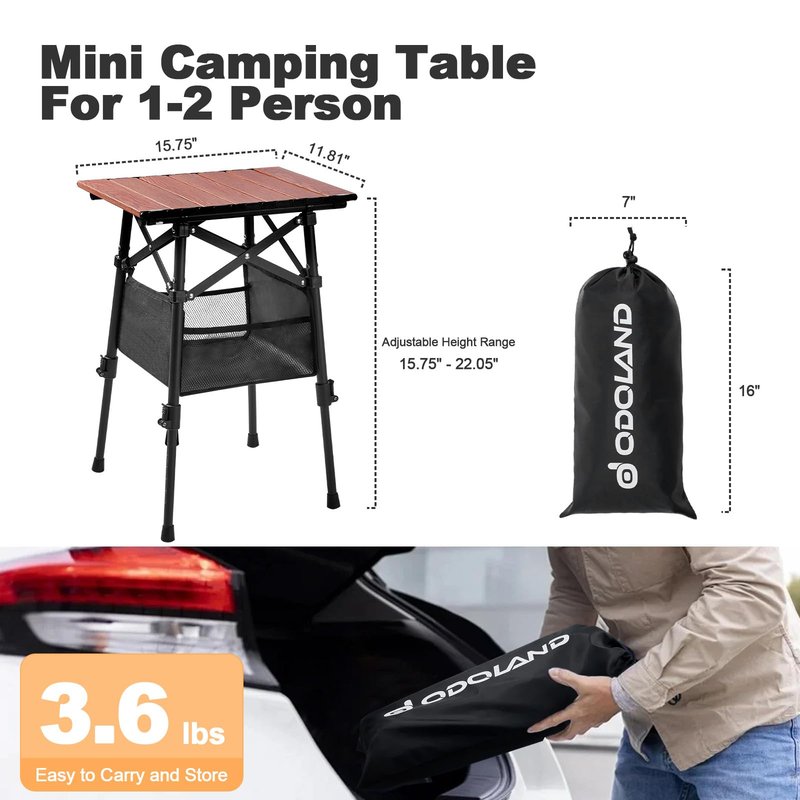 Odoland Portable Camping Table, 15.8"L x 11.8"W Folding Table with Adjustable Height 15.8" - 22", Small Beach Table with Storage Bag for Outdoor Camp, Cooking, Picnic, Travelling, Backyards, Fishing
