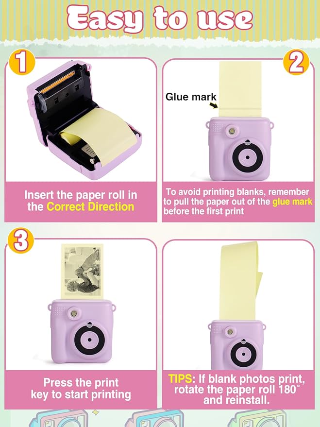 9 Rolls Kids Instant Camera Print Refill Paper- 1''×2.2'' Photo Printer Thermal