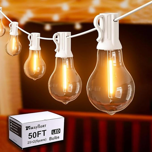 Outdoor String Lights LED String Lights for Outside with 27 Shatterproof Bulbs (2 Spare), 50FT Porch White Hanging String Light for Balcony Pergola Gazebo Patio Decor White Cord