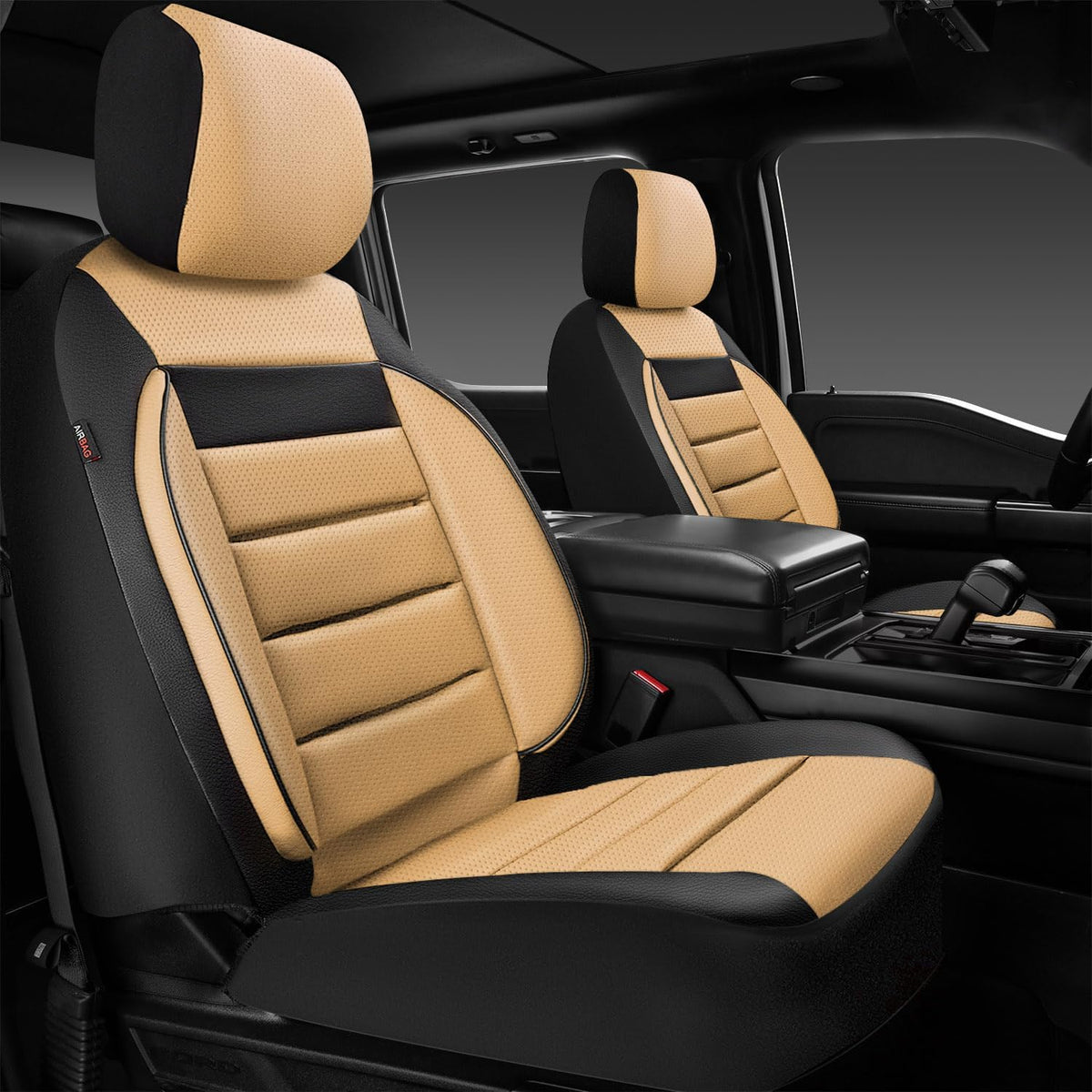 CAR PASS Faux Leather Car Seat Covers Front Seats Only, 3D Foam Support Car Seat Covers, Universal fit for Trucks Vans SUVs Sedans Automotive Comfortable, Airbag Compatible 2 Pieces Front Black Beige