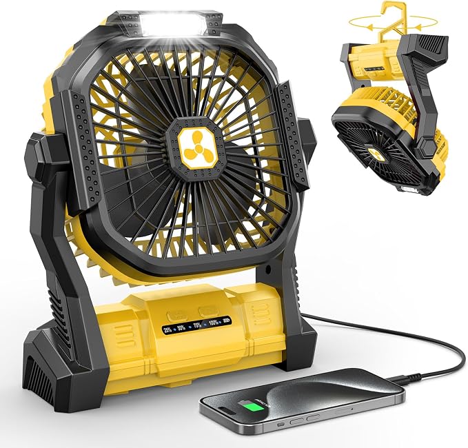 ONLYNEW Portable Fan Rechargeable, 20000mAh Cordless Battery Powered Fan with LED Lantern, USB C Battery Operated for Travel Bedroom Home Camping Tent Office Beach Desk Fishing Table (Yellow)