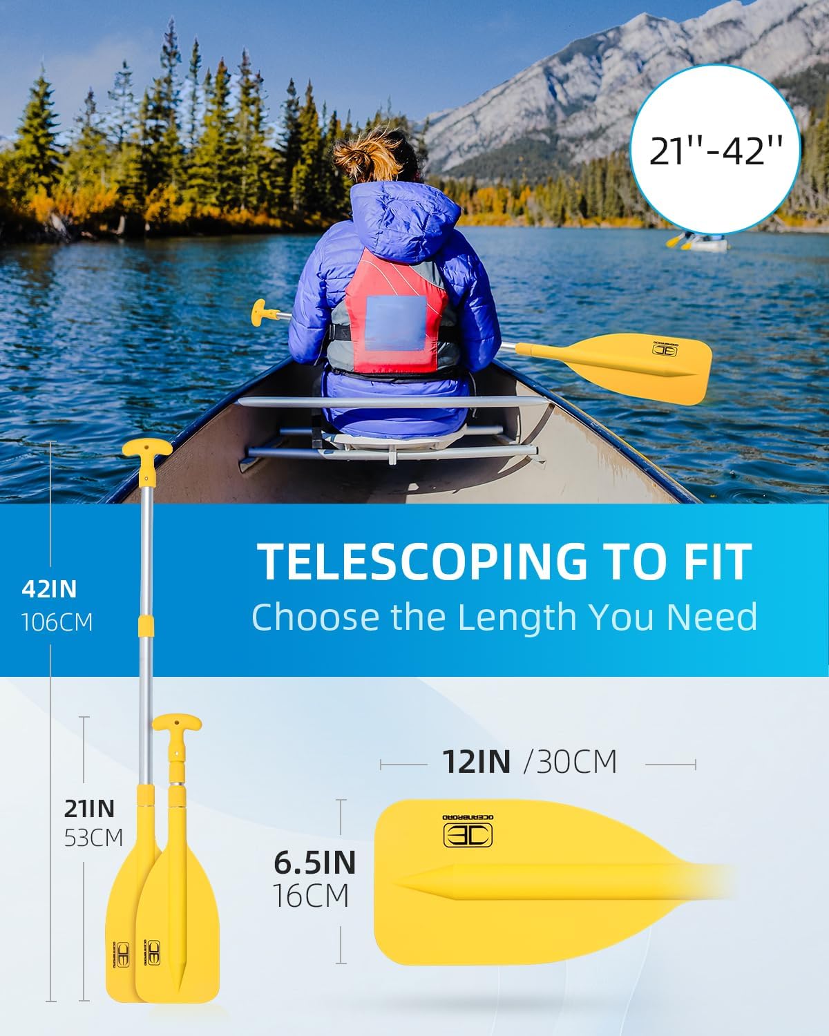 OCEANBROAD Telescoping Emergency Paddle | Adjustable 21''-42'' or 26''-54'' Aluminum Shaft for Kayaking & Boating