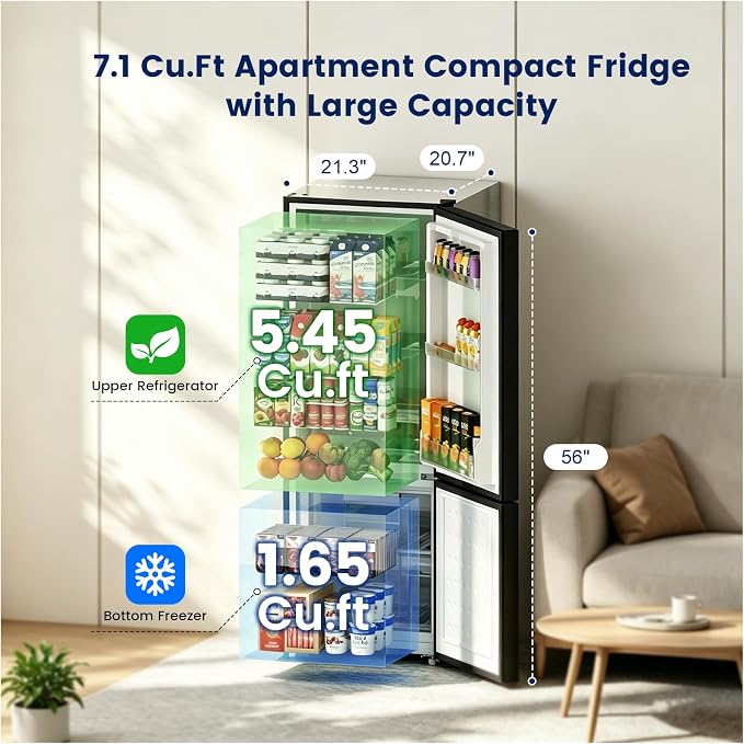 Apartment 7.1 Cu.Ft Refrigerator with Bottom Freezer Silver | Office Fridge with Bottom Freezer, Large Capacity, Energy Saving, Adjustable Thermostat, Low Noise