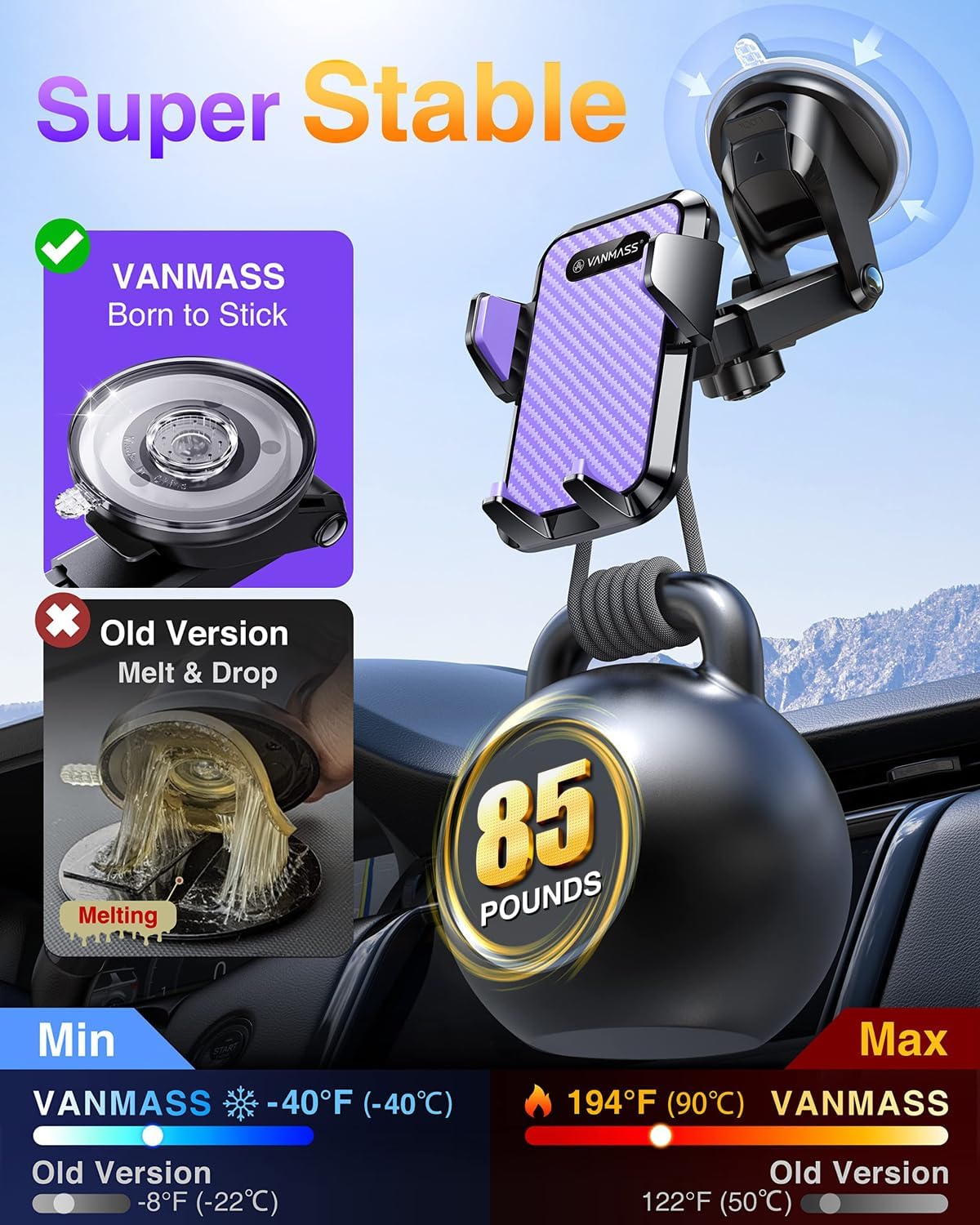 VANMASS【85+LBS Strongest Suction & Military-Grade Ultimate Car Phone Mount【Patent & Safety Certs】 Cell Phone Holder for Dash Windshield Vent for iPhone 17 Pro Max Automobile Interior Sets, Purple