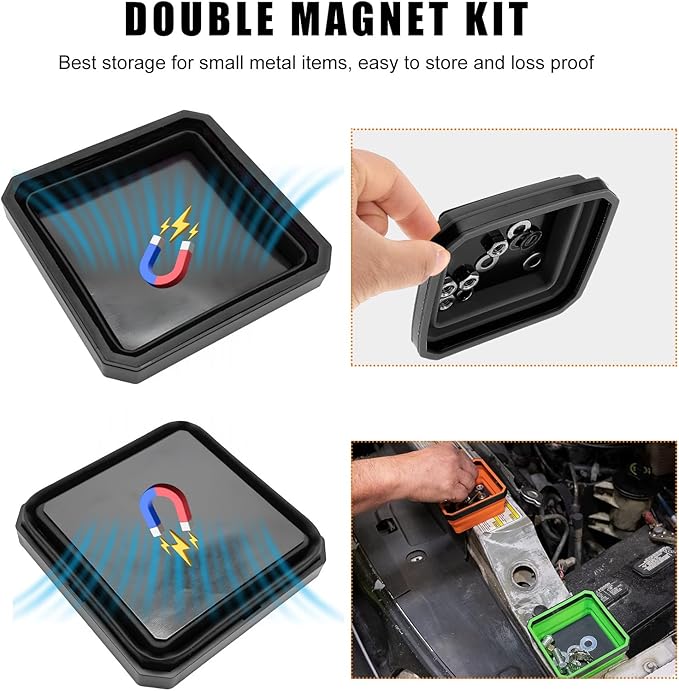 Collapsible Magnetic Parts Tray, 4.5 Inch Foldable Magnetic Square Silicone Tray, Tool Tray Set with Double-Sided Magnetic Base for Screw Bolts Nuts Pins, Car Accessories (Black+Black, 2PCS)