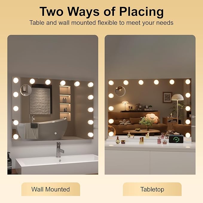 Hasipu Hollywood Vanity Mirror with Lights, 35" x 24" Makeup Mirror with 16 Dimmable LED Bulbs 3 Color Modes & Detachable, 5X Magnifying Glass, Touch Control, USB and Type-C, Tempered Glass