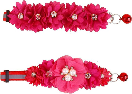 2 Pack Cat Collar Pink Floral with Bell and Removable Flower Bowtie Breakaway Adjustable Cat Collar for Girl Kitten Puppy Small Cats Dogs Daily Decoration (XQ102-5)