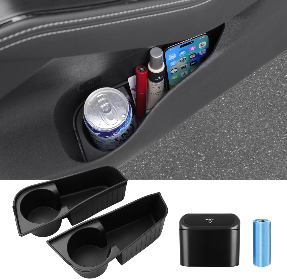 Canvcle Toyota RAV4 2023-Present Car Door Storage Box and Trash Can, 4 Compartments, Black, Plastic, Slip Resistant, Organizing, Storing, Traveling, 2 Pounds