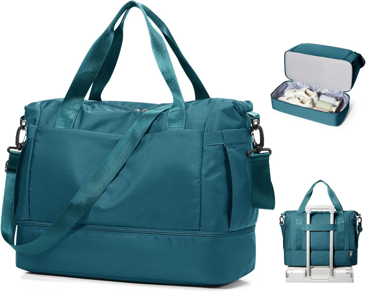 Skiennix Travel Duffel Bag - Waterproof Weekender with Shoe Compartment & Trolley Sleeve | Peacock Blue