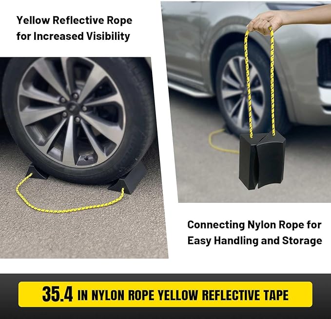 HOXWELL Dual Wheel Chocks, Light Non-Slip Wheel Stoppers with Nylon Rope Yellow Reflective Tape, Wheel Block for Lightweight Travel Trailer, Light Truck, Car, Tractor, Lawnmower 1 Pair, Black&Yellow