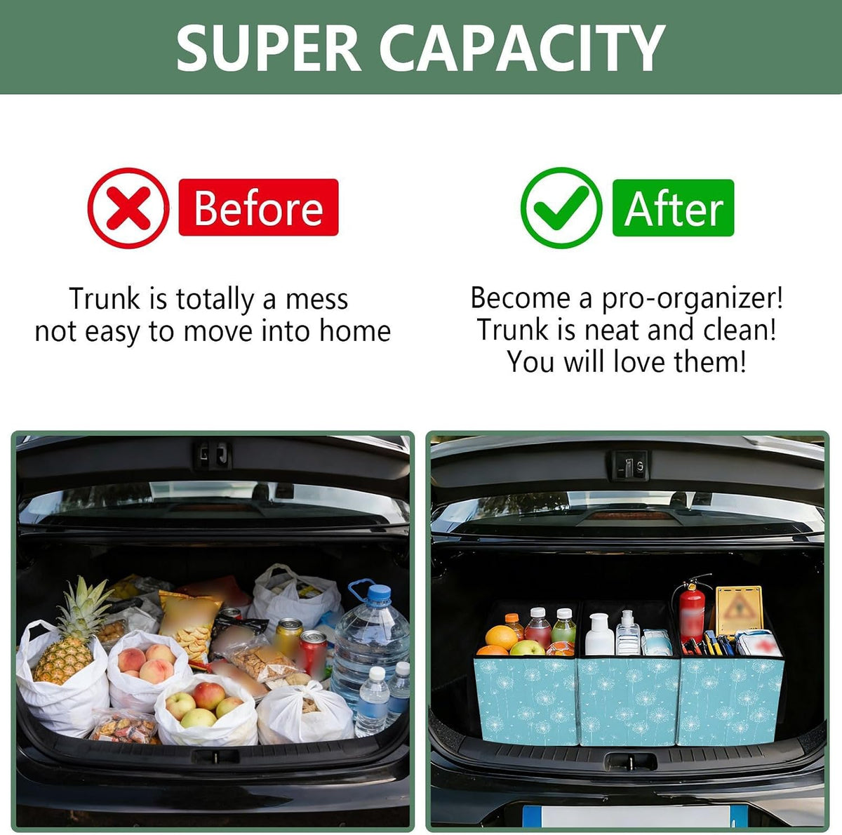 Trunk Organizer Collapsible Car Organizer with Handle Car Storage Box Bin for Groceries SUV Utility Tote Bag Portable Vehicle Container Bright Blue Dandelion Heart