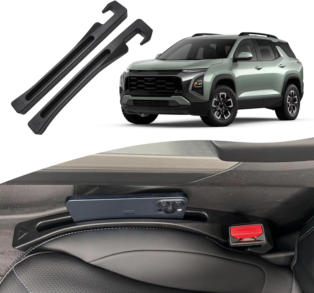 Chevy Equinox Seat Gap Filler, Car Seat Gap Filler Organizer Stop Things from Dropping Customized Interior Accessories for Chevy, Black Pack of 2