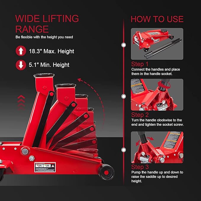 Big RED ATZ830023R Torin Hydraulic Heavy Duty Steel Service/Floor Jack with Dual Piston Quick Lift Pump, 3 Ton (6,000 lb) Capacity, Red