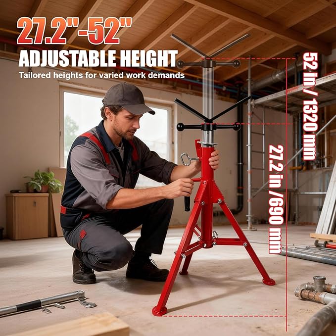 Pipe Jack Stand, 2500LB Capacity Heavy Duty Stand, 27.2"-52" Adjustable, Folding Tri-pod Base for 1/2-24 inch Pipes