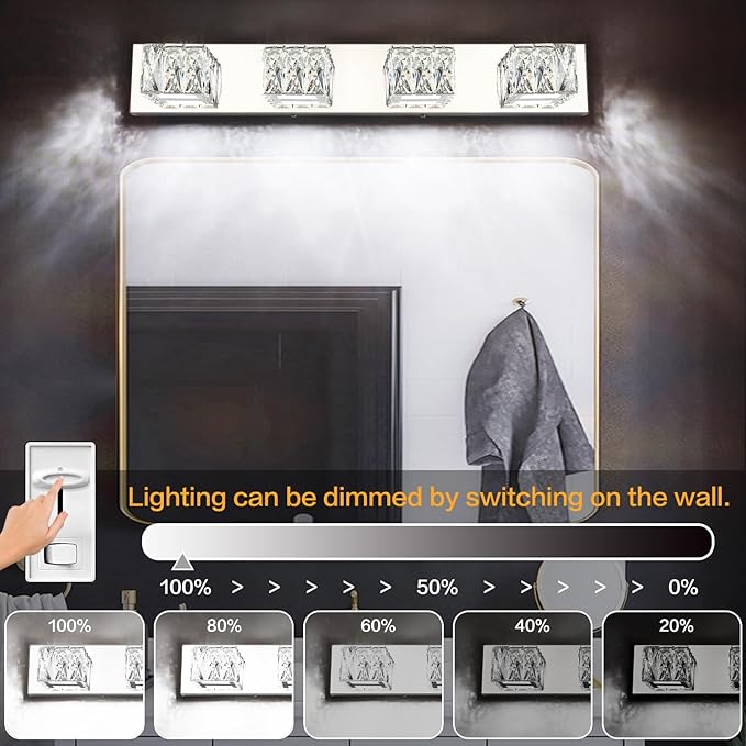 ZUZITO Modern Bathroom Light Fixtures - Crystal 4 Light Bathroom Vanity Light 5CCT Dimmable - LED Chrome Vanity Lighting Fixture
