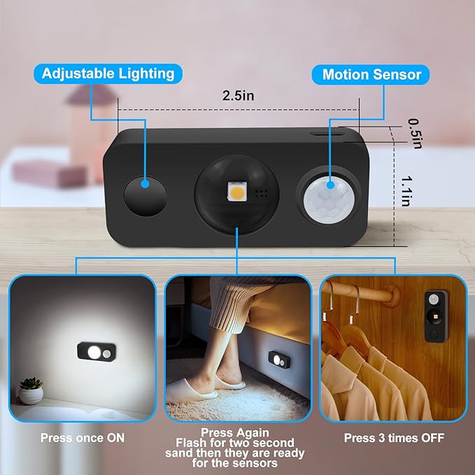 LED Motion Sensor Puck Lights, Rechargeable Cabinet Lights, Stick on Wireless LED Night Light for Closet, Drawer, Shelf, Under Cabinet, Daylight White 6Pack, USB Charging Cord Included