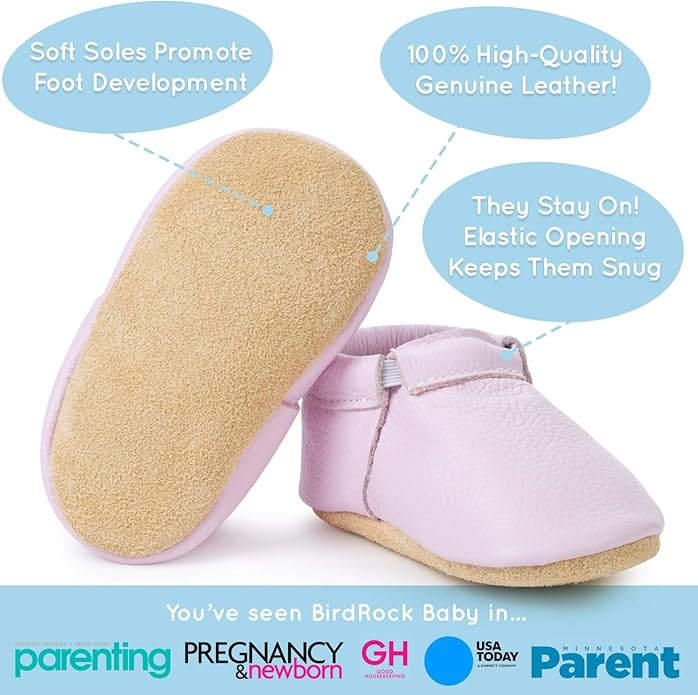 BirdRock Baby Fringeless Moccasins - Genuine Leather Boys and Girls Shoes for Newborns, Infants, Babies, Toddlers