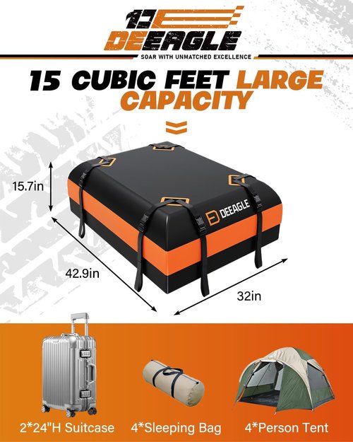 DEEAGLE Rooftop Cargo Carrier - 15 Cubic Feet Waterproof Soft Bag for Vehicles Without Roof Rack | Non-Slip Mat & 8 Straps