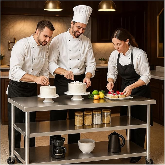 Stainless Steel Table with Wheels for Food Preparation and Work, Multi-Size Optional, Three-Layer Variable Two-Layer Metal Commercial Workbench Outdoor, Restaurant, Kitchen (60" Lx24 Wx34 H)