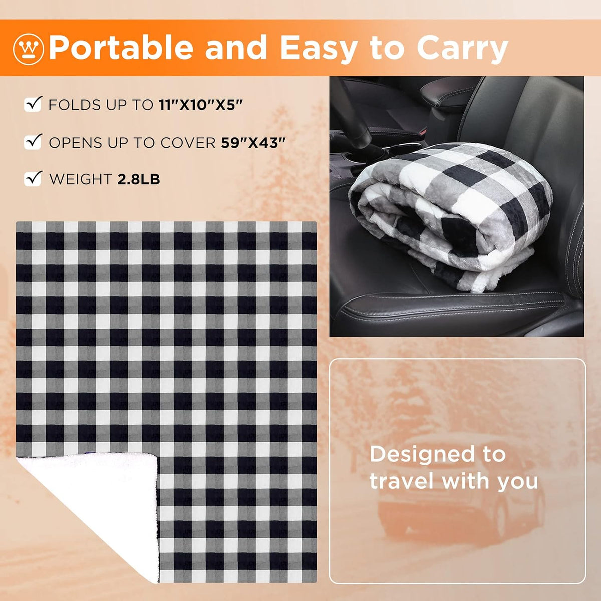 Westinghouse Heated Car Blanket, 12-Volt Electric Blanket for Car, Truck, SUV, RV, Portable Heated Throw for Camping, Grey Buffalo Plaid, 59" x 43”