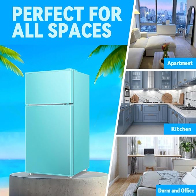 Mini Fridge with Freezer 2.4 Cu.ft Mini Refrigerator Double Doors Dorm Fridge Compact 7 Modes Temp Suit for Apartment Bedroom Office Blue
