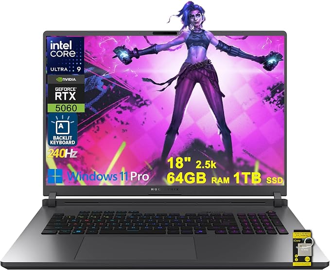 ASUS ROG Strix G18 G815 Gaming AI Laptop 18" 2.5k 240Hz 3ms 100% DCI-P3 Intel 24-core Ultra 9 275HX 64GB DDR5 1TB SSD GeForce RTX 5060 (Up to 572 NPU Tops) RGB Backlit Thunderbolt Win11Pro ICP Hub