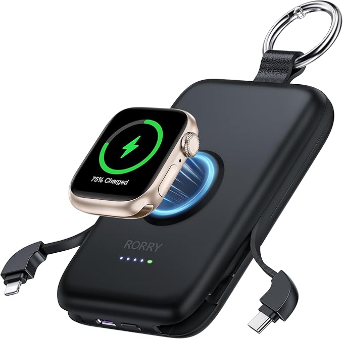 RORRY Portable Charger, 10000mAh PD 20W Fast Charging Portable Charger Power Bank with Built in Cables, Travel Battery Pack for iPhone and Apple Watch Ultra/11/10/9/8/7/6/5, Black