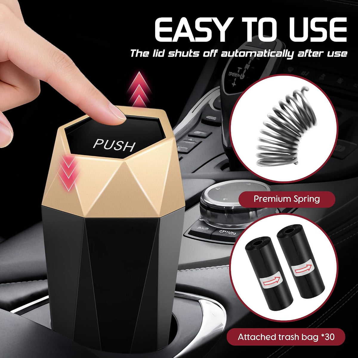 Car Trash Can with Lid, Mini Car Trash Cup with 30 Additional Trash Bags, Car Accessories for Interior, Leakproof Vehicle Garbage Bin for Car, Home, Office - 2 Packs, Gold