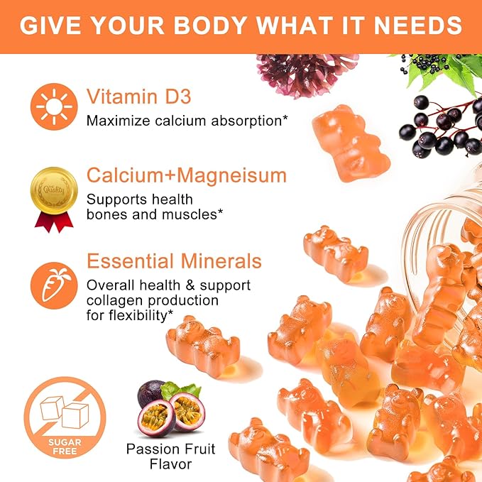 Calcium Gummies with D3,Zinc - Plant Complex Calcium Magnesium Supplement with Glycinate,Potassium,Vitamin C &Whole Natural Food for Bone & Immune Support- Chewable Gummy Sugar-Free -(1pack)