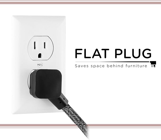 Cordinate 3-Outlet Power Strip Extension Cord with Multiple Outlets 15 Ft Braided Long Cord, Grounded Flat Plug, ETL Listed Gray 50012