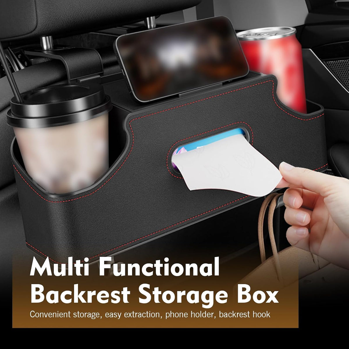 Car Back Seat Organizer Box, Leather Headrest Hanging 4-in-1 Backseat Storage with 2 Cup Holder, Tissue Box, Phone Pocket for Travel, Universal for Most Cars, SUVs (Black)