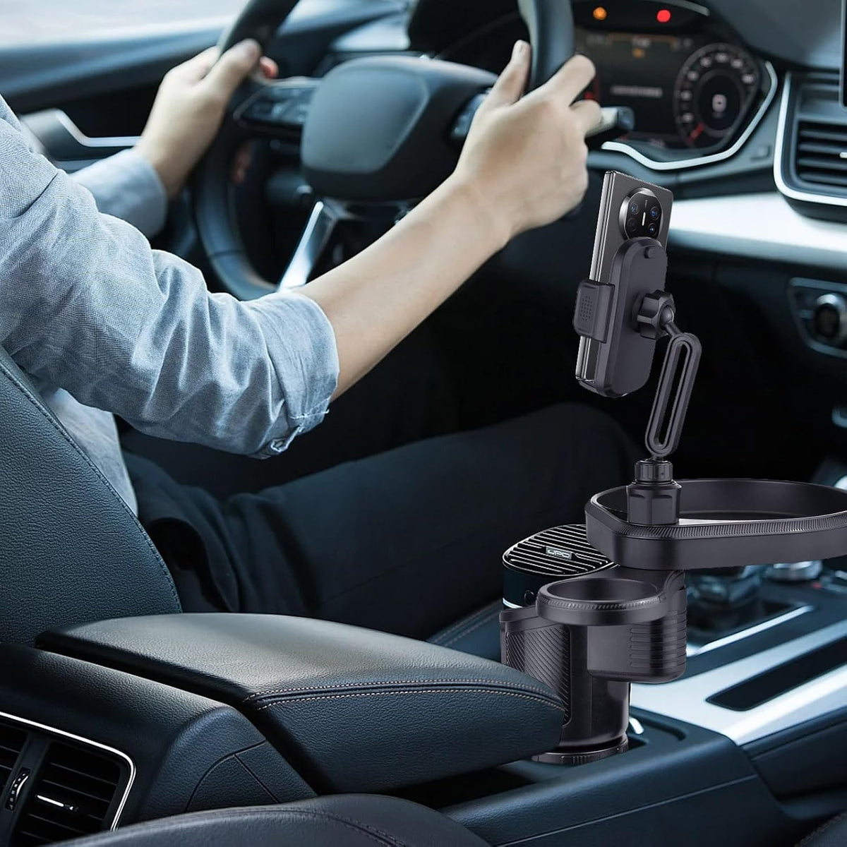 4-in-1 Car Cup Holder Expander - Rotating Tray with Phone Mount & Food Tray, Adjustable Base for Most Vehicles/RV/Trucks