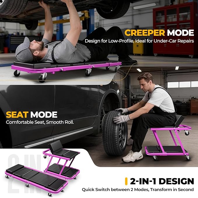 Auto Dynasty 48" Z-Creeper Seat, 2-in-1 Foldable Garage Creeper Shop Seat, 330 LBS Capacity Automotive Mechanic Repair Under Car Rolling Creeper Seat, Purple