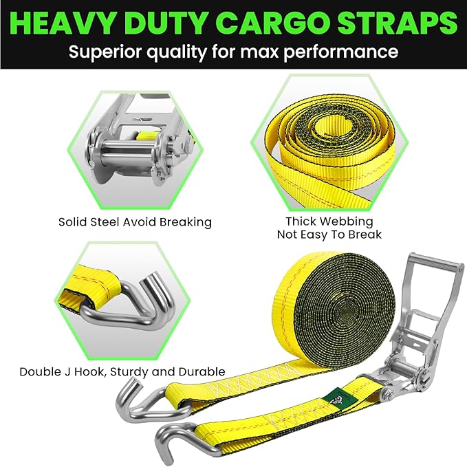 2 Inch Ratchet Straps Heavy Duty - 20ft Ratchet Tie Down Straps with J Hook - 10,000lb Break Strength Ratchet Tie Down Strap - Heavy Duty Ratchet Straps - Cargo Straps for Truck, Lawn Equipment