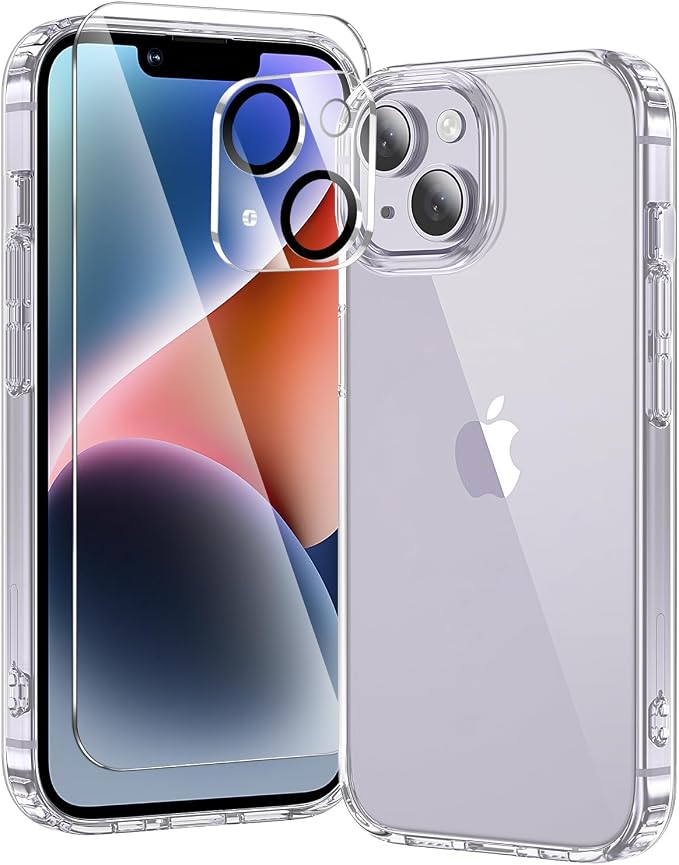 toushion 3 in 1 for iPhone 14 Case Clear, Screen Protector *1 & Camera Lens