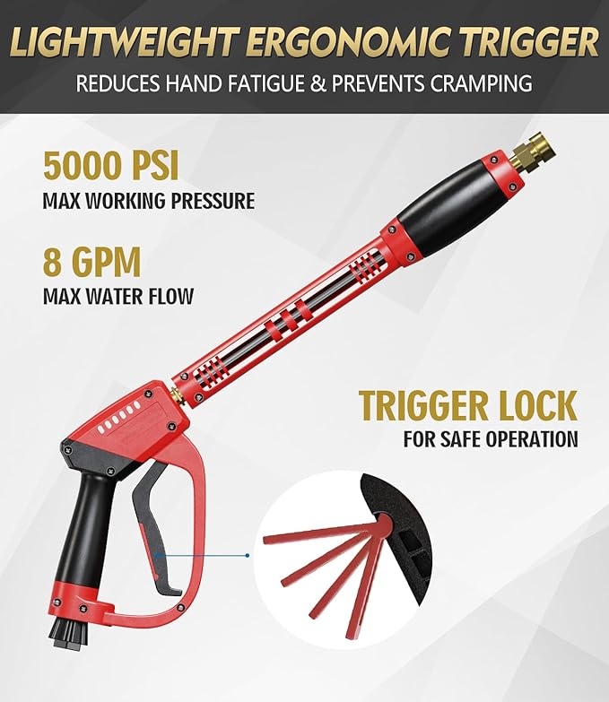 Pressure Washer Gun and Hose Kit, 4800PSI Flexible & Kink-Resistant - Steel Braided & Durable High Power Washer Hose 50 FT with 3/8" Swivel Quick Connector and M22 14mm Adapters & 5 Nozzles